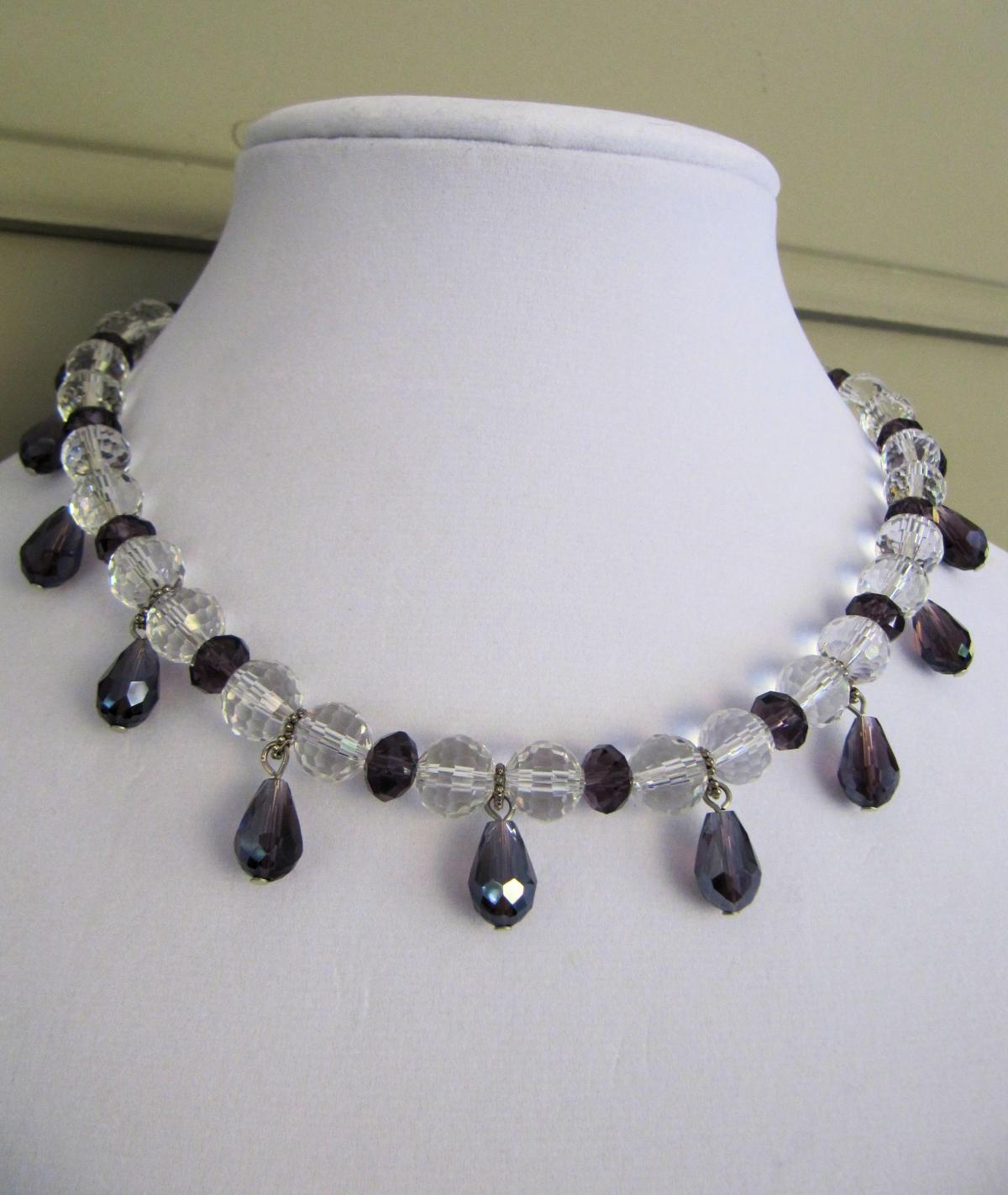 Stunning Cut Crystal Beaded Necklace With Amethyst Faceted Tear Drop Dangles With Silver Accents