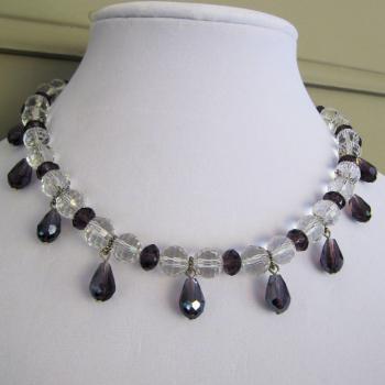 Stunning cut crystal beaded necklace with amethyst faceted tear drop dangles with silver accents